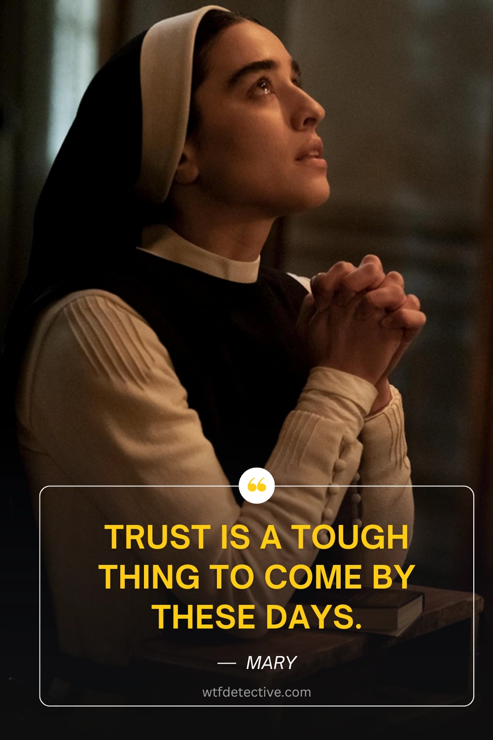 Simona Tabasco in Immaculate (2024), immaculate 2024 movie quotes, 2024 horror movie quotes, trust is a tough thing quote